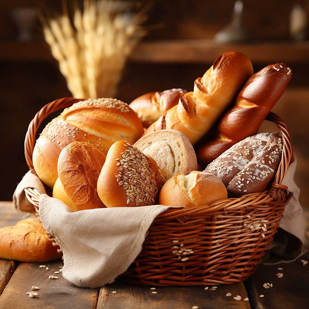 lot different bread basket wooden table